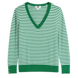 C&K Designs Green & White Striped V-Neck Sweater – XL, Button Sleeve Detail